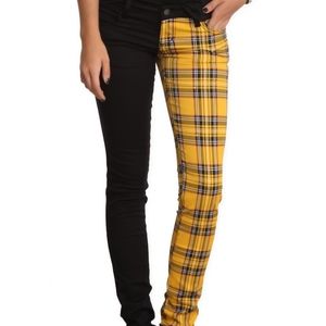 Split Leg Yellow Plaid Skinny Jeans